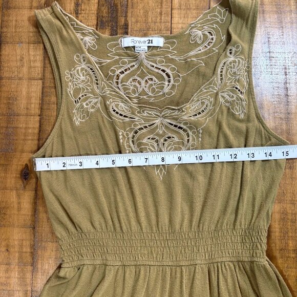 Boho Olive Green Embroidered Mini Dress - Sleeveless, Smocked Waist- M - Picture 5 of 11